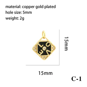 Square gold-plated LOVE pendant charm detail with 5mm hole size and 15mm dimensions