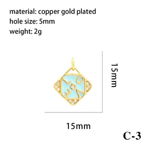 Detailed view of the gold plated enamel LOVE pendant showing 15mm dimensions and specifications