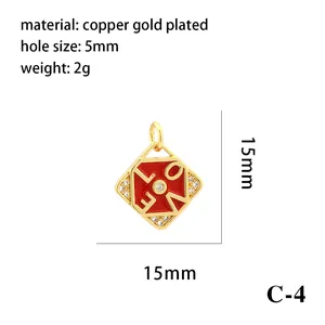 Detailed view of red enamel LOVE charm with dimensions and material specifications