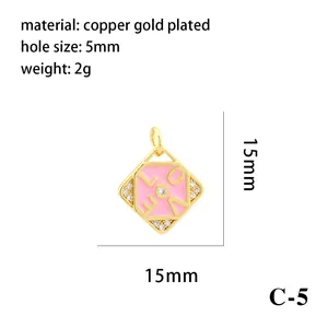 Pink enamel LOVE pendant charm in gold plated copper with crystal accents 15mm