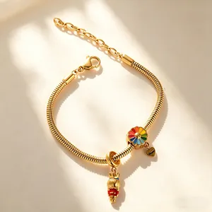 Luxury 18K gold plated snake chain bracelet with colorful enamel sunflower charm