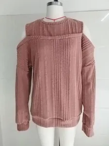 Detailed close-up of a women's ribbed knit sweater featuring a chic cold-shoulder design