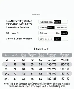 Size guide and product details for the 230g oversized washed cotton long sleeve T-shirt.