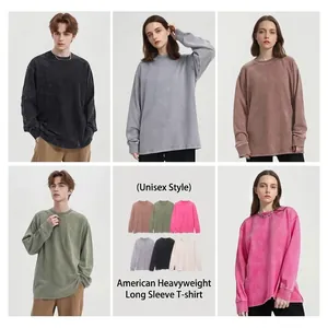 Vintage washed 230g heavy cotton long-sleeve T-shirt unisex oversized fit multiple colors