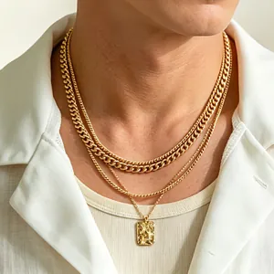 Mehrlagige Halskette Mit Quadratischem Gehämmertem Anhänger Kupfer Eisen Legierung Hip Hop Modeschmuck