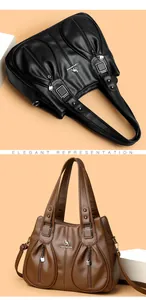 Elegant black and brown textured leather handbags with decorative kangaroo metal logo