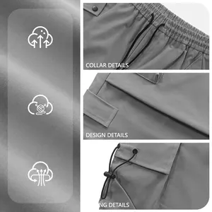 Detailed view of grey functional cargo pants showing fabric texture and adjustable drawstrings
