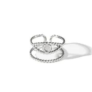 Bague ouverte minimaliste en acier inoxydable avec triple anneau perlé réglable