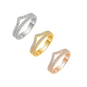 Elegant S925 sterling silver V-shape chevron rings with moissanite, set of 3 metal tones