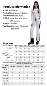 Size chart for women's waterproof white skiing bib overalls with measurement guide.
