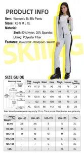 Size chart for women's waterproof white skiing bib overalls with measurement guide.