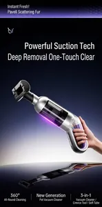 Detailed view of portable electric pet hair vacuum cleaner featuring an ergonomic purple handle