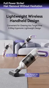 Detail showing portable cordless pet hair vacuum cleaner in various home scenarios