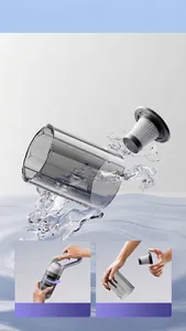 Detail showing the washable filter and dust cup of the portable pet hair vacuum cleaner