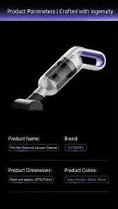 Detailed view of the handheld pet hair vacuum cleaner showing product specifications