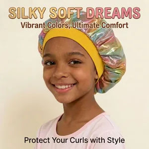 Vibrant metallic laser sleep bonnet worn by a young girl for ultimate hair protection