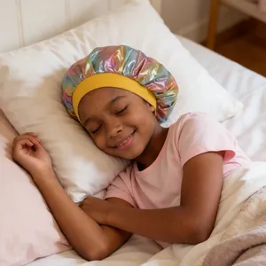 Close-up of a child wearing a colorful metallic laser sleep bonnet in bed