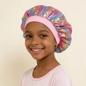Colorful laser metallic sleep bonnet for kids with pink elastic band shown on child