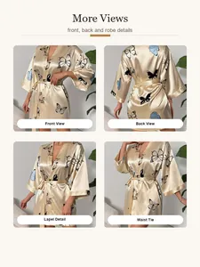 Detailweergaven van champagne satijnen badjas met vlinderprint