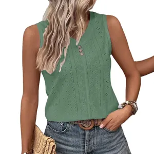 Women's summer casual green sleeveless eyelet knit vest with three decorative buttons