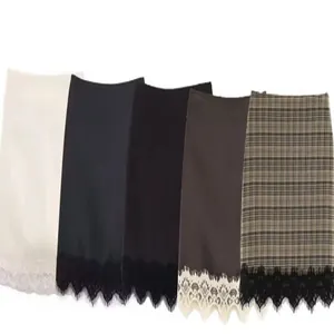 Close-up detail showing five different color options for fashionable lace hem culottes