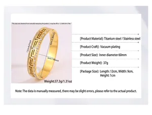 Detailed view and specifications for gold plated stainless steel Greek key pattern bangle