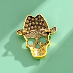 Back view of golden skull cowboy hat brooch with safety pin clasp mechanism