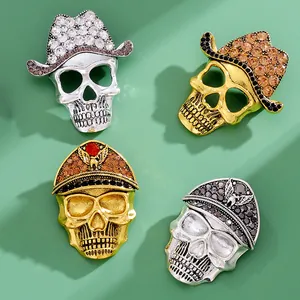Vintage Alloy Rhinestone Skull Brooches With Crown Cowboy Military Hat Gothic Punk Skeleton Pins For Halloween Jewelry