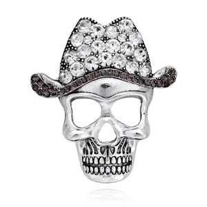 Halloween Skull Cowboy Hat Brooch Vintage Rhinestone Alloy Pin For Women Men Gothic Party Costume Accessories