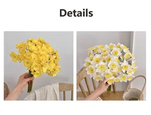 Close-up detail view showing artificial yellow and white daffodil bouquets for home decor
