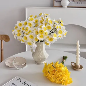 Artificial Daffodil Bouquet Realistic Satin Faux Flowers Hand-Tied Bundle For Home Wedding Table Decor Photography Props Floral Arrangement