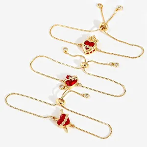 Vintage Copper Sacred Heart Bracelet For Women Gold Plated Zirconia Red Heart Crown Sword Cross Adjustable Slider Bracelet Gothic Sweet Jewelry