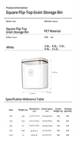 Comprehensive specification table for pet food storage buckets in various sizes and capacities