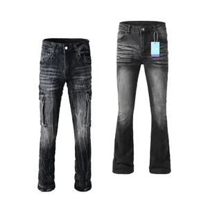 Washed black men's fashion jeans set including flared and multi-pocket cargo styles
