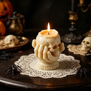 Bougie parfumée squelette Halloween tenant un crâne pour décor gothique effrayant