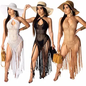 Robe Longue Dos Nu au Crochet pour Femme avec Franges et Pompons Cache-Maillot de Plage Style Bohème Resort Été