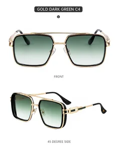 Front and side views of retro square men's punk style sunglasses in gold and dark green