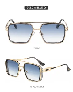 Detailed front and side views of retro square punk sunglasses with gold frame and blue lenses