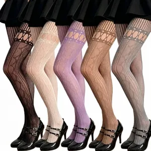 High-quality hollow out jacquard fishnet tights with mock leg ring and vertical stripes.
