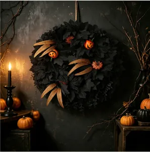 Gothic Halloween wreath detail with black maple leaves and decorative mini pumpkins