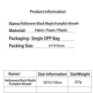 Productspecificaties en maattabel van de Halloween zwarte esdoorn pompoenkrans.