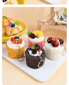 Realistic PU simulation mousse cake keychains with fruit and cream toppings