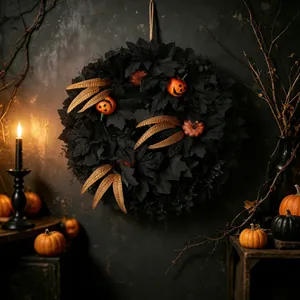 Gothic Halloween wreath featuring black maple leaves, mini pumpkins, and golden feathers