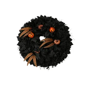 Halloween wreath featuring black maple leaves, orange pumpkins, and feathers for door decor