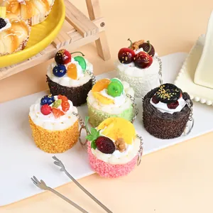 Realistic PU artificial mousse cake keychains set with vibrant fruit cream toppings