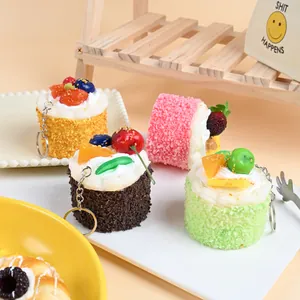 Realistic PU simulation mousse cake keychains featuring colorful fruit and cream