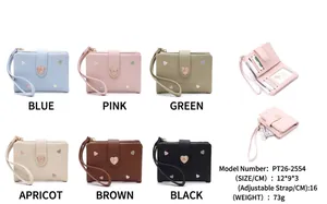 Short heart embroidered women's folded wallet in multiple colors like pink and blue