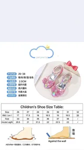 Girls sparkly princess sandals size guide with measurement instructions and shoe details
