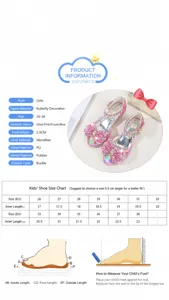 Girls sparkly princess sandals size guide with measurement instructions and shoe details