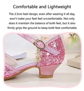 Close-up of pink glittery princess sandals for girls with 2.5cm block heel